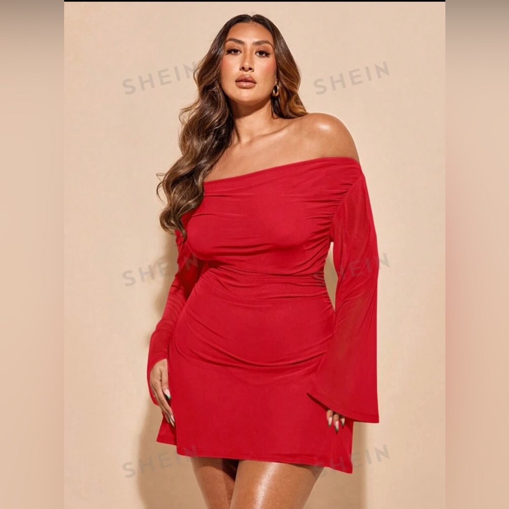 SHEIN Bae Plus Size Romantic Mesh Off-the-Shoulder Dress